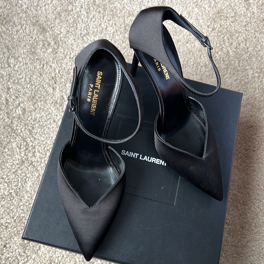 Saint Laurent Black Satin Pointed Toe Ankle-Strap Heels - Picture 4 of 5